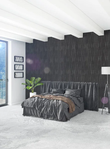 Beyaz yatak odası en az stil iç tasarım ahşap duvar ve gri Kanepeli. 3D render. 3D çizim