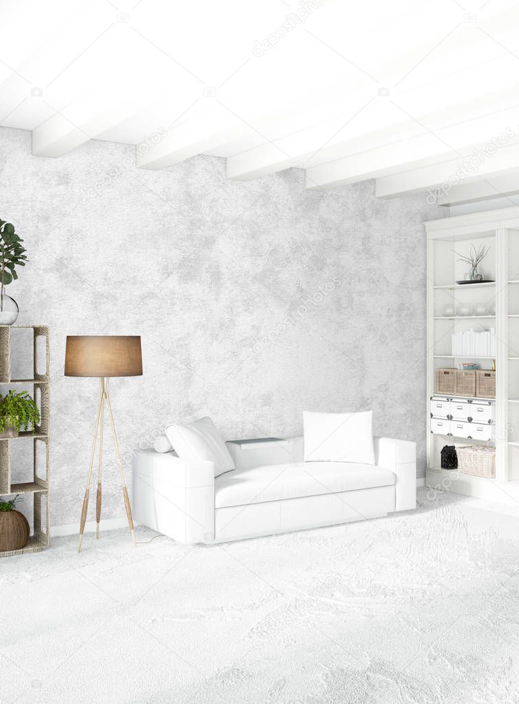 White bedroom minimal style Interior design with wood wall and grey sofa. 3D Rendering. 3D illustration