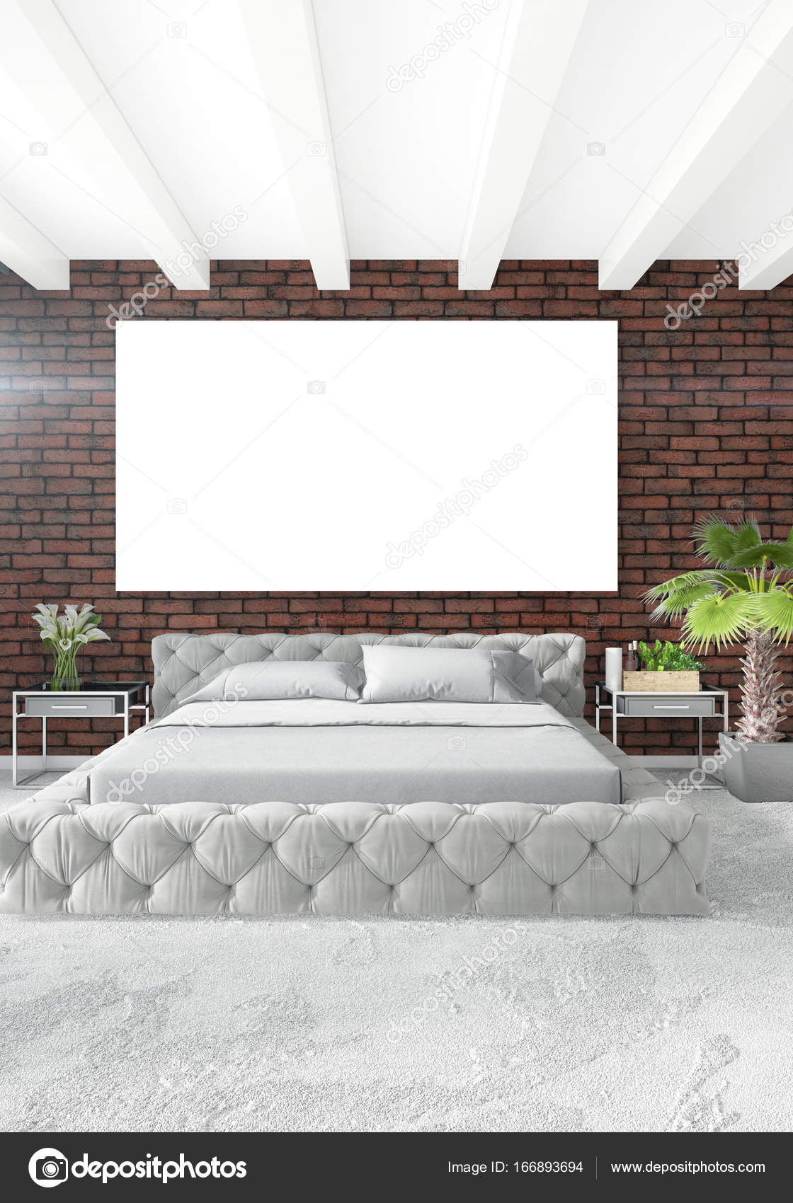 Vita sovrum minimal stil inredning med trä vägg och grå soffa. 3d ...