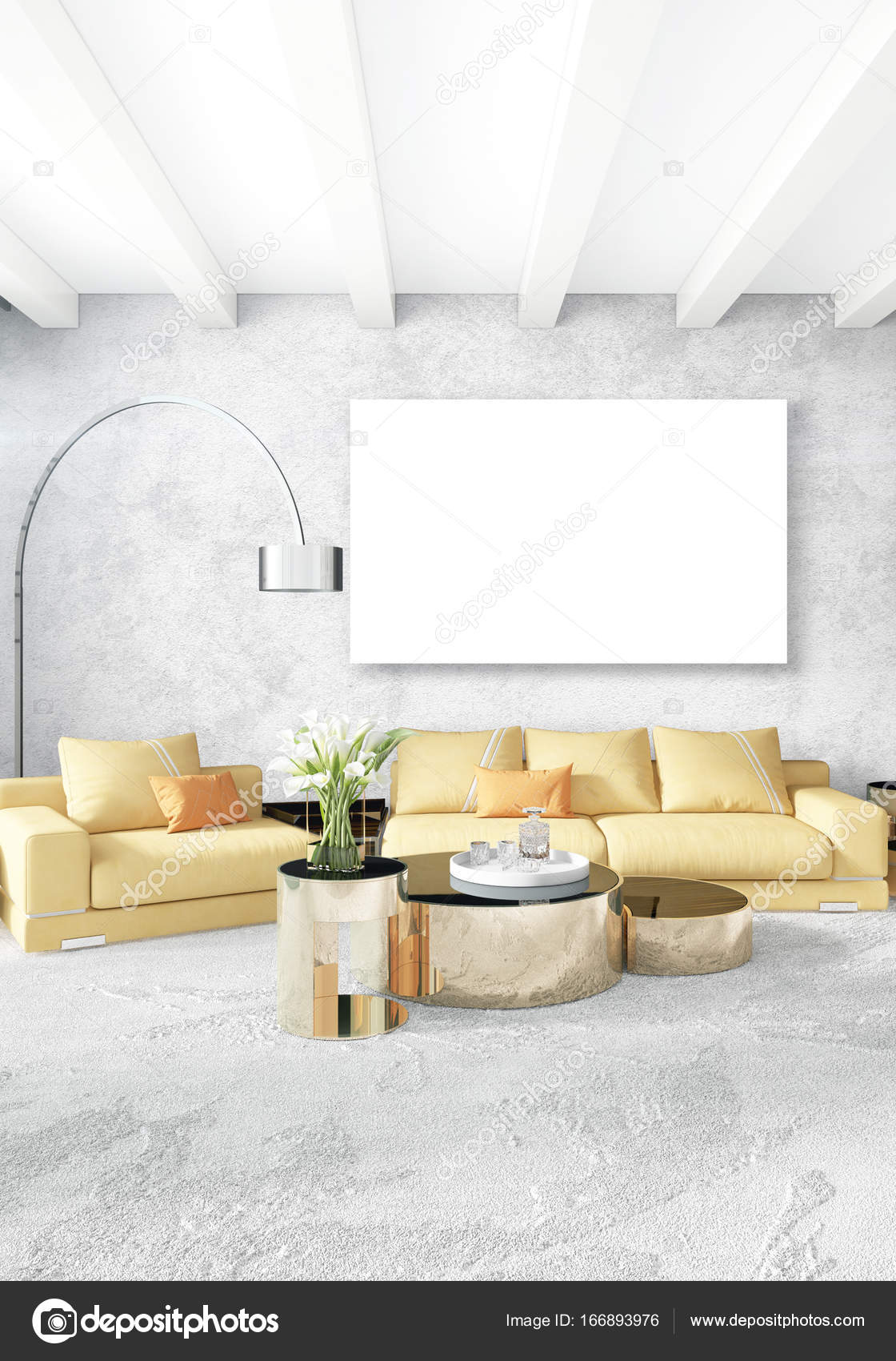 Modern bedroom yellow sofa luxury minimal style interior loft design with eclectic wall 3d rendering
