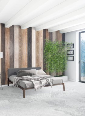 Beyaz yatak odası en az stil iç tasarım ahşap duvar ve gri Kanepeli. 3D render. 3D çizim
