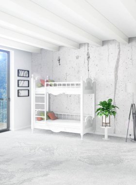 Beyaz yatak odası en az stil iç tasarım ahşap duvar ve gri Kanepeli. 3D render. 3D çizim