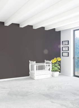 Beyaz yatak odası en az stil iç tasarım ahşap duvar ve gri Kanepeli. 3D render. 3D çizim