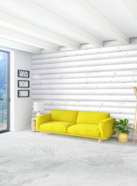 Beyaz yatak odası en az stil iç tasarım ahşap duvar ve gri Kanepeli. 3D render. 3D çizim