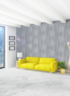 Beyaz yatak odası en az stil iç tasarım ahşap duvar ve gri Kanepeli. 3D render. 3D çizim