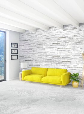 Beyaz yatak odası en az stil iç tasarım ahşap duvar ve gri Kanepeli. 3D render. 3D çizim