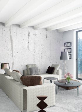 Beyaz yatak odası en az stil iç tasarım ahşap duvar ve gri Kanepeli. 3D render. 3D çizim