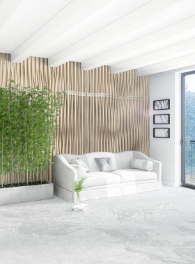 Beyaz yatak odası en az stil iç tasarım ahşap duvar ve gri Kanepeli. 3D render. 3D çizim