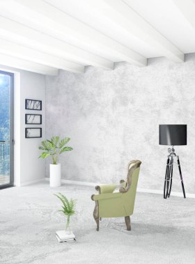 Beyaz yatak odası en az stil iç tasarım ahşap duvar ve gri Kanepeli. 3D render. 3D çizim