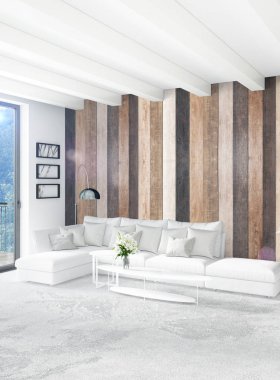 Beyaz yatak odası en az stil iç tasarım ahşap duvar ve gri Kanepeli. 3D render. 3D çizim