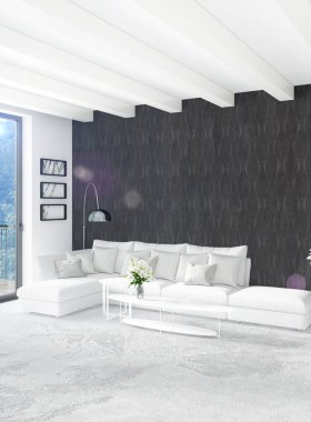 Beyaz yatak odası en az stil iç tasarım ahşap duvar ve gri Kanepeli. 3D render. 3D çizim