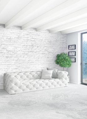 Beyaz yatak odası en az stil iç tasarım ahşap duvar ve gri Kanepeli. 3D render. 3D çizim