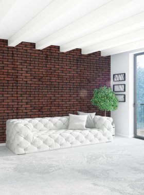 Beyaz yatak odası en az stil iç tasarım ahşap duvar ve gri Kanepeli. 3D render. 3D çizim