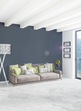 Beyaz yatak odası en az stil iç tasarım ahşap duvar ve gri Kanepeli. 3D render. 3D çizim