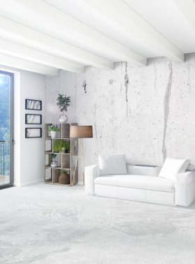 Beyaz yatak odası en az stil iç tasarım ahşap duvar ve gri Kanepeli. 3D render. 3D çizim