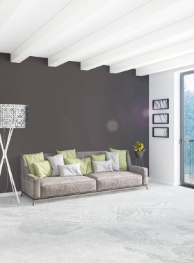 Beyaz yatak odası en az stil iç tasarım ahşap duvar ve gri Kanepeli. 3D render. 3D çizim