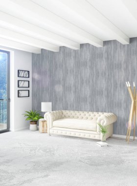 Beyaz yatak odası en az stil iç tasarım ahşap duvar ve gri Kanepeli. 3D render. 3D çizim