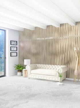 Beyaz yatak odası en az stil iç tasarım ahşap duvar ve gri Kanepeli. 3D render. 3D çizim