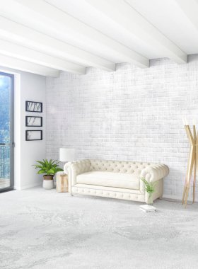 Beyaz yatak odası en az stil iç tasarım ahşap duvar ve gri Kanepeli. 3D render. 3D çizim