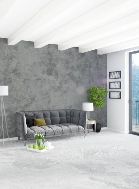 Beyaz yatak odası en az stil iç tasarım ahşap duvar ve gri Kanepeli. 3D render. 3D çizim