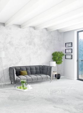 Beyaz yatak odası en az stil iç tasarım ahşap duvar ve gri Kanepeli. 3D render. 3D çizim