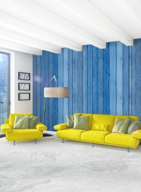 Beyaz yatak odası en az stil iç tasarım ahşap duvar ve gri Kanepeli. 3D render. 3D çizim