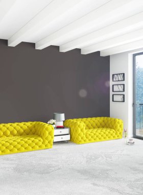 Beyaz yatak odası en az stil iç tasarım ahşap duvar ve gri Kanepeli. 3D render. 3D çizim