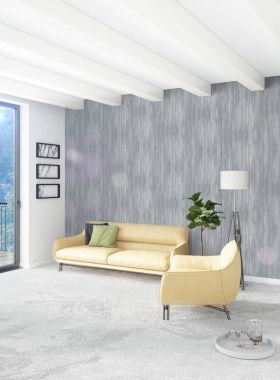 Beyaz yatak odası en az stil iç tasarım ahşap duvar ve gri Kanepeli. 3D render. 3D çizim