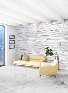 Beyaz yatak odası en az stil iç tasarım ahşap duvar ve gri Kanepeli. 3D render. 3D çizim