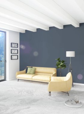 Beyaz yatak odası en az stil iç tasarım ahşap duvar ve gri Kanepeli. 3D render. 3D çizim