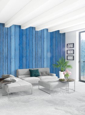 Beyaz yatak odası en az stil iç tasarım ahşap duvar ve gri Kanepeli. 3D render. 3D çizim