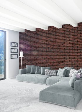 Beyaz yatak odası en az stil iç tasarım ahşap duvar ve gri Kanepeli. 3D render. 3D çizim