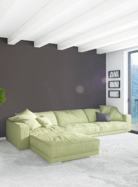 Beyaz yatak odası en az stil iç tasarım ahşap duvar ve gri Kanepeli. 3D render. 3D çizim