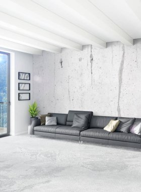 Beyaz yatak odası en az stil iç tasarım ahşap duvar ve gri Kanepeli. 3D render. 3D çizim