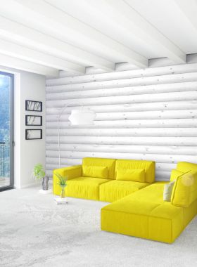 Beyaz yatak odası en az stil iç tasarım ahşap duvar ve gri Kanepeli. 3D render. 3D çizim