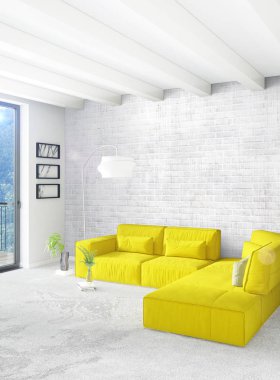 Beyaz yatak odası en az stil iç tasarım ahşap duvar ve gri Kanepeli. 3D render. 3D çizim