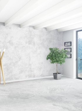 Beyaz yatak odası en az stil iç tasarım ahşap duvar ve gri Kanepeli. 3D render. 3D çizim