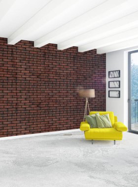 Beyaz yatak odası en az stil iç tasarım ahşap duvar ve gri Kanepeli. 3D render. 3D çizim