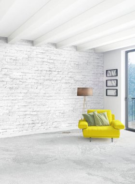 Beyaz yatak odası en az stil iç tasarım ahşap duvar ve gri Kanepeli. 3D render. 3D çizim