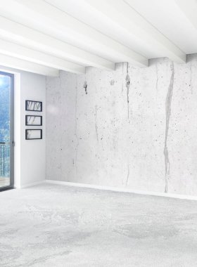 Beyaz yatak odası en az stil iç tasarım ahşap duvar ve gri Kanepeli. 3D render. 3D çizim