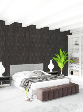 Beyaz yatak odası en az stil iç tasarım ahşap duvar ve gri Kanepeli. 3D render.