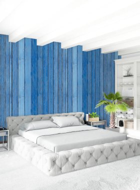 Beyaz yatak odası en az stil iç tasarım ahşap duvar ve gri Kanepeli. 3D render.