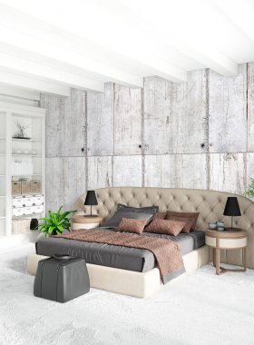 Beyaz yatak odası en az stil iç tasarım ahşap duvar ve gri Kanepeli. 3D render.