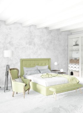 Beyaz yatak odası en az stil iç tasarım ahşap duvar ve gri Kanepeli. 3D render.