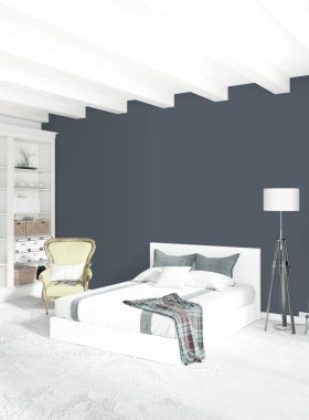Beyaz yatak odası en az stil iç tasarım ahşap duvar ve gri Kanepeli. 3D render.
