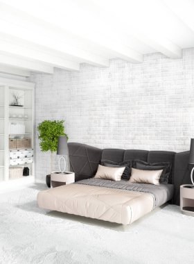 Beyaz yatak odası en az stil iç tasarım ahşap duvar ve gri Kanepeli. 3D render.