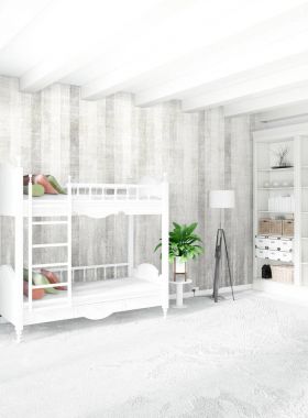 Beyaz yatak odası en az stil iç tasarım ahşap duvar ve gri Kanepeli. 3D render.