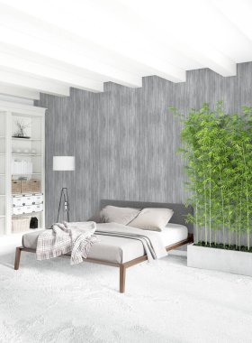 Beyaz yatak odası en az stil iç tasarım ahşap duvar ve gri Kanepeli. 3D render.
