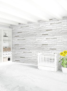 Beyaz yatak odası en az stil iç tasarım ahşap duvar ve gri Kanepeli. 3D render.