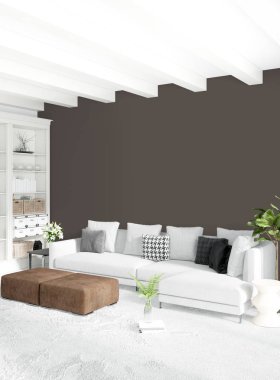 Beyaz yatak odası en az stil iç tasarım ahşap duvar ve gri Kanepeli. 3D render.